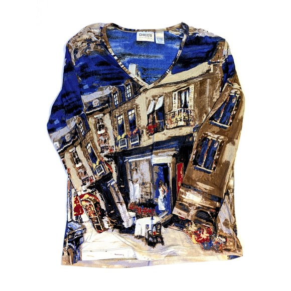 Chico's Tops - Chicos Travelers Blue Parisian Street Scene V-Neck Top Size 1 Medium